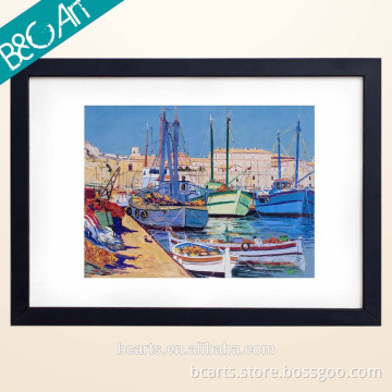 Wharf sailboat seascape oil painting with frame